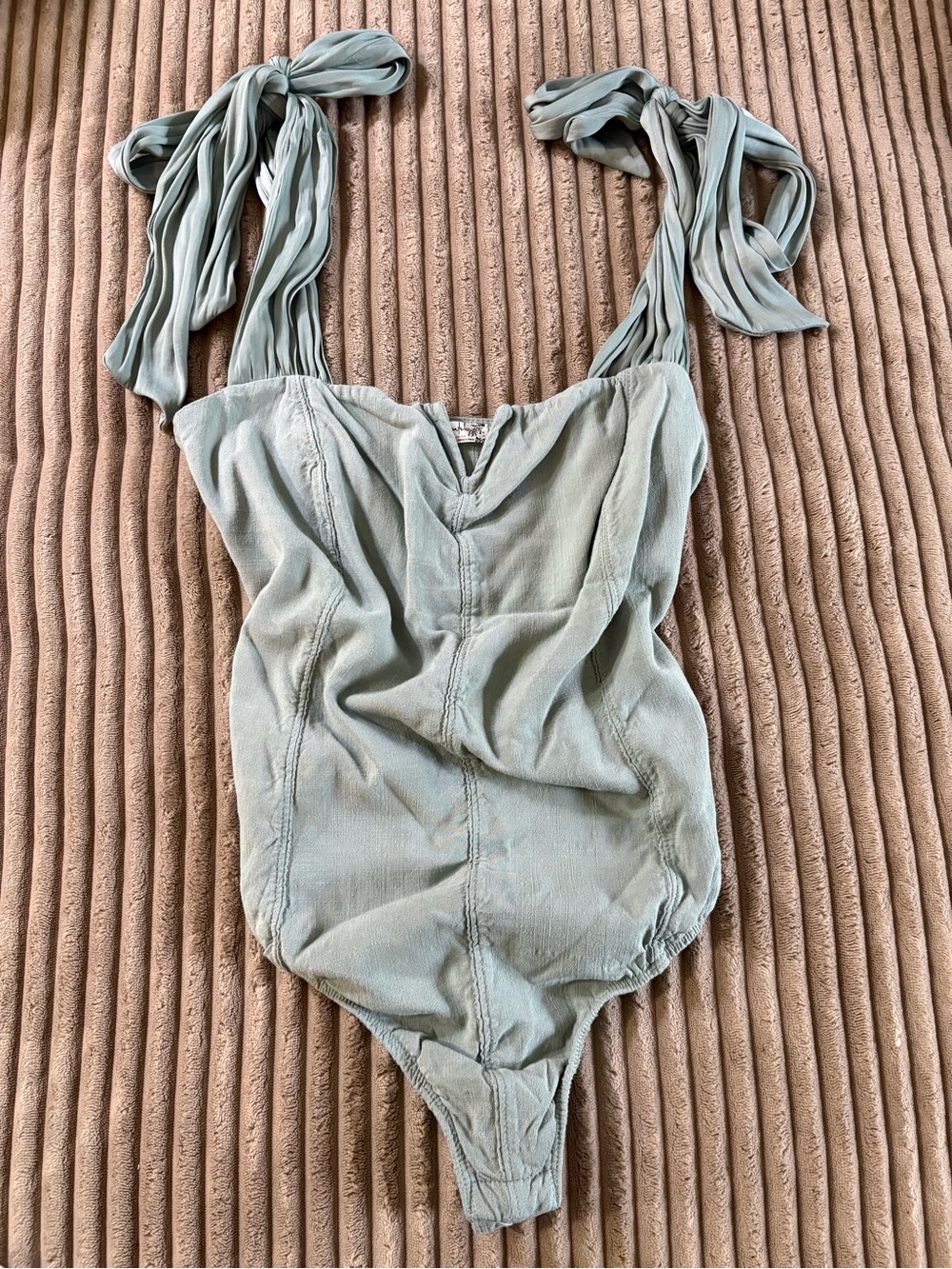 Free People Sage Green Tie-Shoulder Bodysuit
